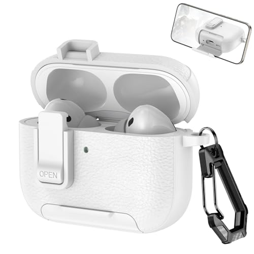 Image of Rugged Case Cover for Apple Airpods Pro 3 (2025), TPU + PC with Leather Texture, Clip Lock Design, Includes Phone Stand, Carabiner, Black (White, Leather with Stand)