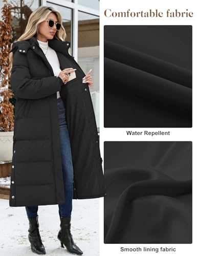 CMTOP Wintermantel Damen Lang Mit Kapuze Dicke Warme Winterjacke Extra Langer Winddicht Steppmantel Casual Wasserdicht Daunenmantel Elegant Lockerer Parka mit Schlitz(Schwarz, L)
