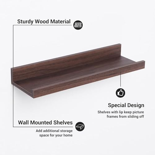 Image of Wooden Floating Wall Shelves Set of 3 for Living Room & Bedroom | Modern Wall Mounted Display Rack for Decor, Photo Frames, Plants & Storage (Walnut, 16 Inch)