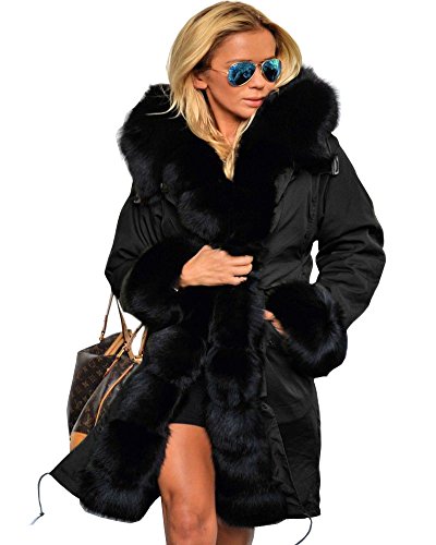 Aofur Womens Hooded Faux Fur Lined Warm Coats Parkas Anoraks Outwear Winter Long Jackets (Large, Black_Black Fur) #TOP2