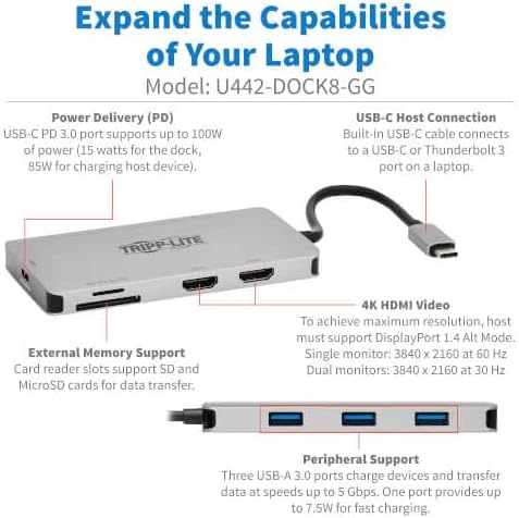 Tripp Lite Hub USB-C Docking Station 2 HDMI 4K 60Hz, 8 Puertos, 100W PD miniatura 3