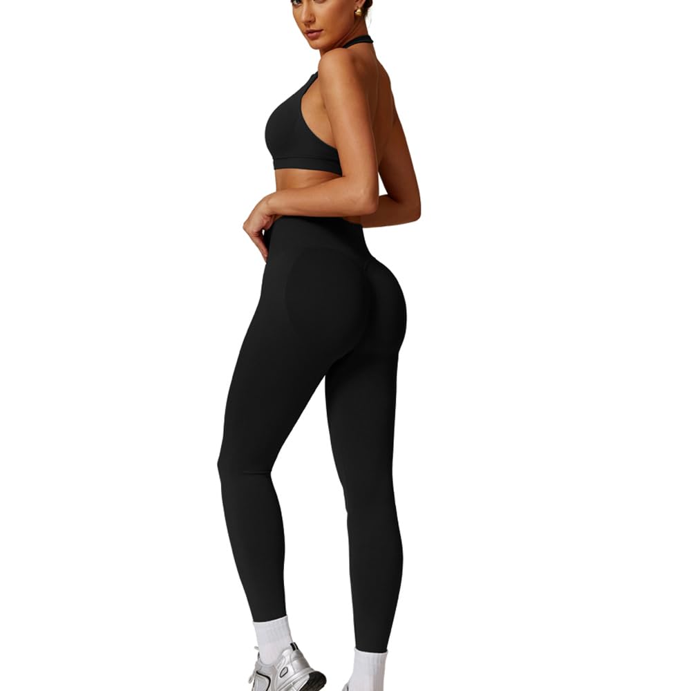 JN JANPRINT Nahtlose Fitness-Sets für Damen, 2-teilig, Neckholder, rückenfrei, Sport-BHs, versteckte Scrunch-Leggings, Yoga-Outfits, Workout-Trainingsanzug