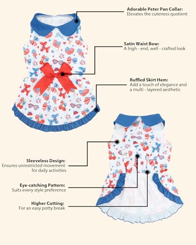 Image of CuteBone 4th of July Pet Dress with Peter Pan Collar - Patriotic USA Flag Pattern - Sleeveless Ruffled Skirt with Bow for Small Dogs, Cats - Festive & Daily Wear