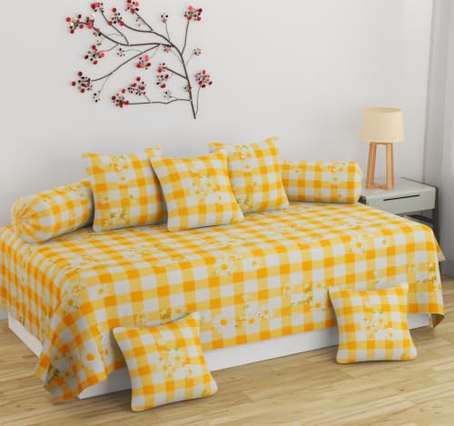 Image of NHD HOME diwan Set for Living Room, diwan Set Covers Glace Cotton, diwan Set 8 Pieces (1 Single Bedsheet, 5 Cushion Covers, 2 Bolster Covers) (Color-White & Yellow) Flower