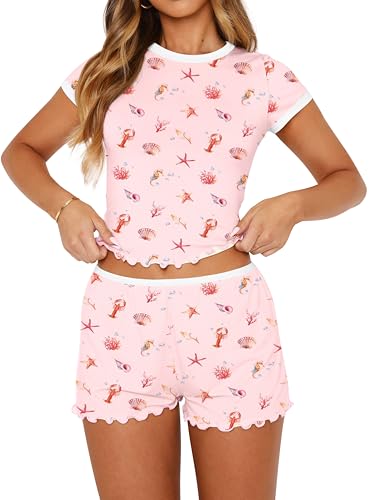Image of Lacozy Cute Pajamas for Women Set 2 Piece Short Sleeve Pjs Floral Graphic Crop Top Y2K Summer Sleepwear Lounge Set
