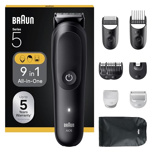 Braun All-in-One Trimmer-Set 5, 9-in-1 Multigroom, Barttrimmer, Haarschneidemaschine für Gesicht, Kopf und Körper, 120 Min Akku, 14 Längen (3–21 mm), Wasserdicht, AIO5540, Schwarz