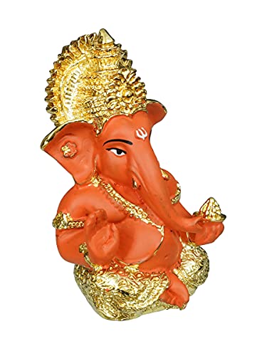 Image of eCraftIndia Golden and Orange Polyresin Lord Ganesha Idol for Home, Temple, Office, Car Dashboard - Gift for Family, Friends, Colleagues - Suitable for Housewarming Ganesh Chaturthi, Diwali Festivals