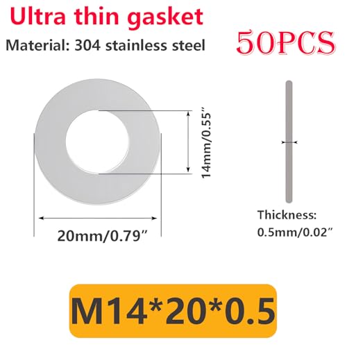 Qrity 50 PCS 304 Stainless Steel Flat Washers, M14 Ultra Thin Flat Spacers Shim Washers, 14x20x0.5mm Round Flat Spacer - Image 2