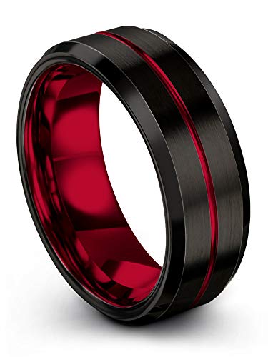 Chroma Color Collection Tungsten Carbide Wedding Band Ring 8mm for Men Women Red Interior with Red Center Line Bevel Edge Brushed Polished Comfort Fit Anniversary Size 10