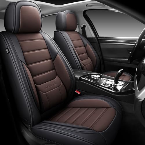 Image of MINGBRON Car Seat Covers Full Set, Brown Car Seat Cover Lumbar Support, Car Seat Protector Waterproof, Nappa Leather Car Seat Cushion, Front Seats and Back Fit for Most Cars