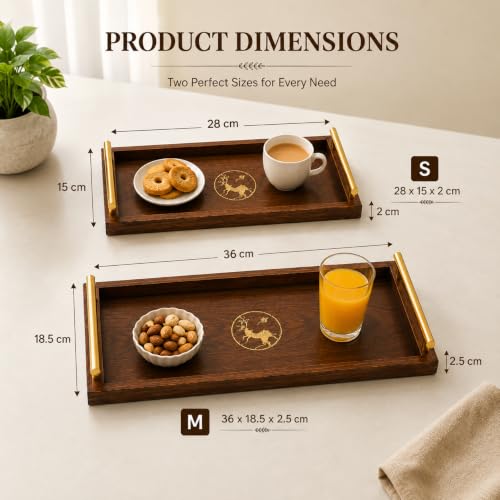 Image of Curated Cart Wooden Serving Tray with Handles - Pack of 2 - Eco-Friendly Rustic Tray for Serving Snacks, Coffee Table, Breakfast, Food, Small & Medium Size (Tray - Rectangle - 2P - Dark Brown)