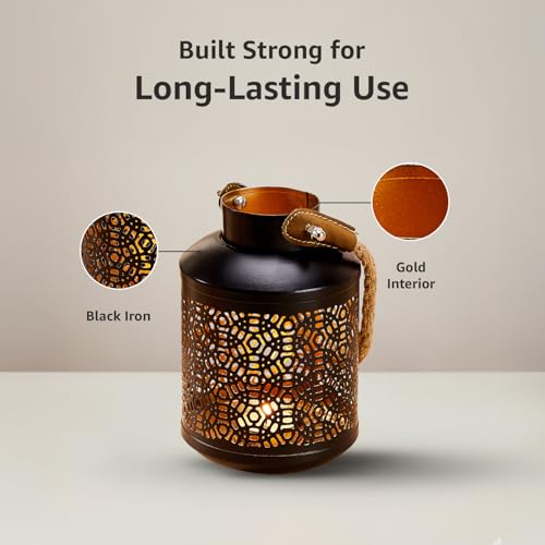 Image of Amazon Brand - Solimo Tea Light Lantern - Round Bottle Design, Black Iron with Gold Interior, Set of 2 (Size: L-10 cm x W-10 cm x H-15 cm)