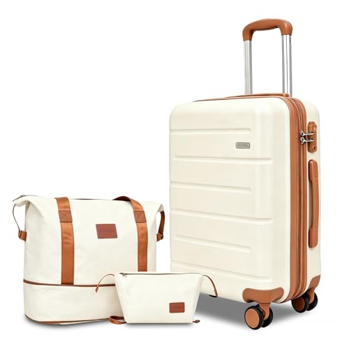 Image of 3-Piece Luggage Set with Carry On Luggage Set 22x14x9 Airline Approved, ABS Hardside Suitcase with 8 Spinner Wheels & TSA Lock, Expandable Suitcase for Men & Women (20 /TB /DB Beige)