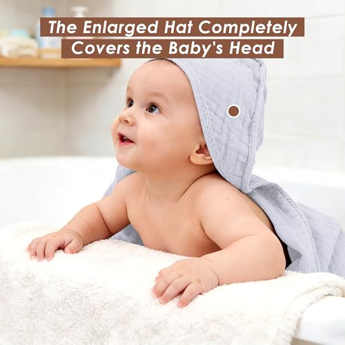 Image of Ease Cubs 3-Pack Muslin Hooded Baby Towels, 100% Cotton, Ultra-Soft & Absorbent Baby Bath Towels with Hood for Babies, Infant, Toddler and Newbron (Grey, Green and Slate,32 inch x 32 inch)