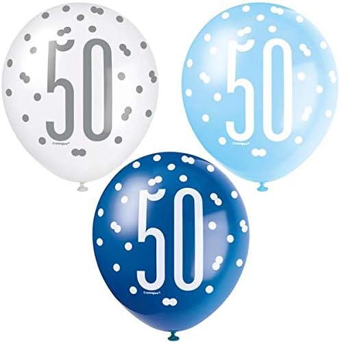 Unique 83400 Polka Dots 50th Birthday Latex Balloons, 12" | Assorted | 6 Pcs, Blue, Age 50