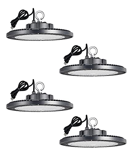 Fiqevs 4 Pack High Bay LED Light, 240W 33,600lm(Eqv.1000W MH/HPS) UFO LED High Bay Light 5000K, 5' Cable with US Plug, IP65 Waterproof, 100-277v Commercial High Bay LED for Workshop/Garage/Warehouse