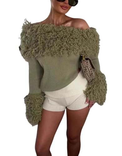 BAIMORE Women's Fashionable Casual Elegant French Off-Shoulder Textured Fringe Knit