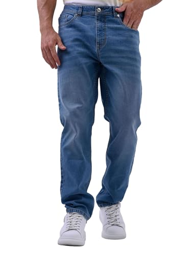Enorsia Jean coupe droite décontractée pour homme avec fermeture à bouton de marque, rivets sur la poche pour pièces de monnaie, cinq poches, bleu délavé...