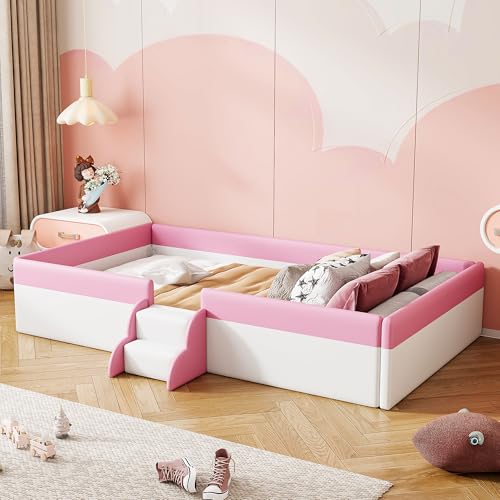 Merax Twin Size Kids Floor Bed, Upholstered Kids Daybed Frame with Fence and Stairs, Wood Bed for Living Room, White+Pink