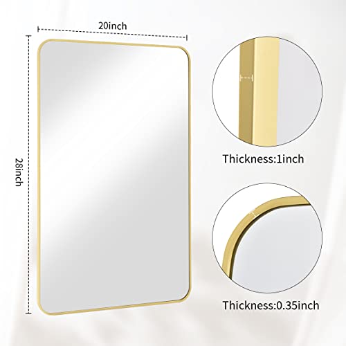 Beautypeak Wall Mirror 20" X 28" Rectangular Bathroom Mirror With Aluminum Alloy Frame, Rounded Corners Hanging Mirror For Living Room Bedroom Bathroom Entryway, Hangs Horizontal Or Vertical, Gold #TOP4