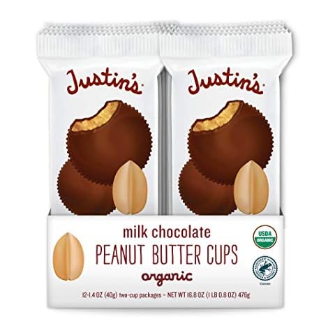 Justin's Organic Milk Chocolate Peanut Butter Cups, Rainforest Alliance Certified Cocoa, Gluten-free, Responsibly Sourced, 12 Pack (2 cups each) Cover
