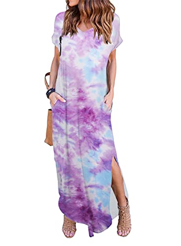 Huskary Women'S Summer Maxi Dress Casual Short Sleeve Tie Dye Maxi Dresses Long Split Dress With Pockets cover