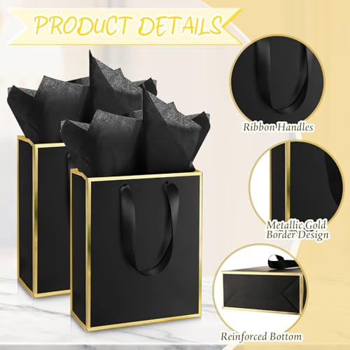Image of Yeaqee 24 Pack Metallic Paper Gift Bag with Tissue, Black and Gold | with Satin Ribbon Handle and Tissue, 9x7x3.1 Inch, Suit Business, Birthday, Christmas, Thank You Return Gifts Bags