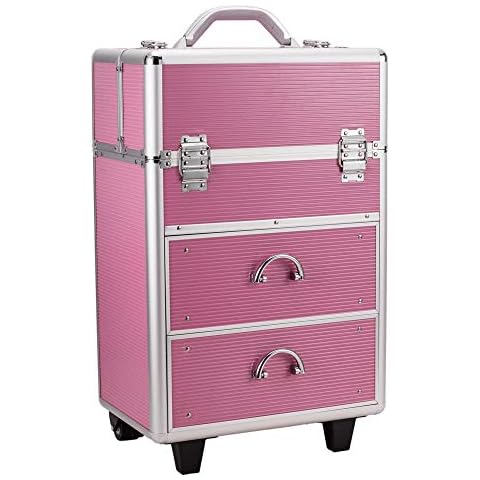 Shyneer 4 Tier Lockable Makeup Train Case 3 in 1 Professional Aluminum Rolling Cosmetic Organizer Trolley Makeup Case with Extendable Trays,Pink Cover
