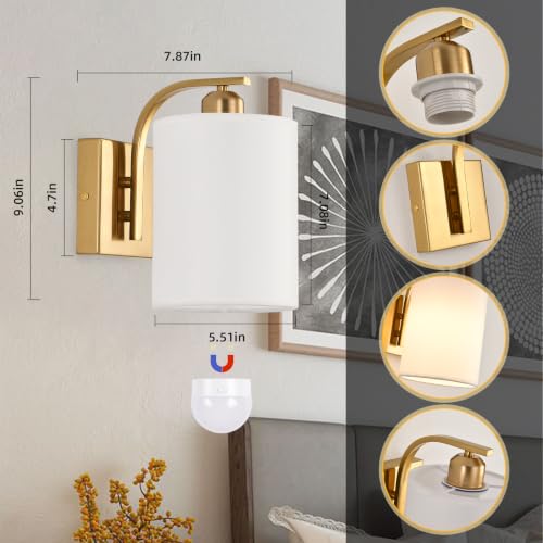 Image of Battery Operated Wall Sconce Set of 2, Gold Rechargeable Fabric Wall Lights with Remote Control,15 Colors Wireless Wall Sconce with 3000mAh Dimmable Detachable Bulb for Bedroom, Living Room, Hallway