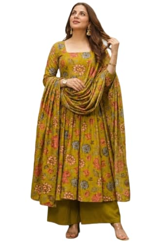 Image of ANNI Designer Kurta Set for Women Viscose Blend Printed | Kurti Set for Woman | Umbrella Kurta Palazzo Dupatta 3 Piece Outfit | Square Neck 3 /4 Sleeve Regular Fit Ethnic Dress Stylish Clothing