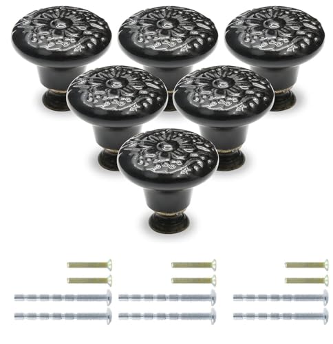 セラミック引き出しノブ 家具取っ手 箪笥 建築金具ツマミ 陶器 つまみ ノブ 戸棚食器棚 装飾 DIY 建築金具 戸棚引き 6個セット (6, ブラック)