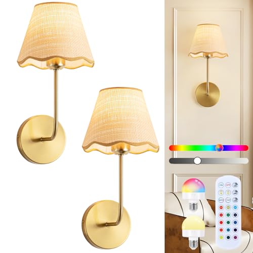 Image of ADISUN Battery Operated Wall Sconce Set of 2, Gold Wall Lamps for Living Room, Rechargeable Bulbs, RGB. Rattan Shade Wireless Wall Lights for Bedroom Living Room Hallway Kitchen(Bulbs Included)