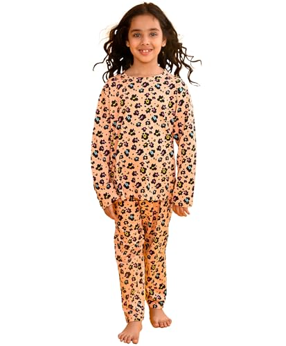 Image of ANTHRILO Pure Cotton Printed Pyjama Set for Girls | Regular Wear | Leopard Floral Long Sleeve Pyjama Set - Peach 9-10 Years