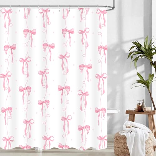 LYLYCTY Pink Bow Shower Curtain Girly Cute Coquette Preppy Aesthetic for Teens Girls Bathroom Decor Curtains with 12 Hooks 72x72 inches