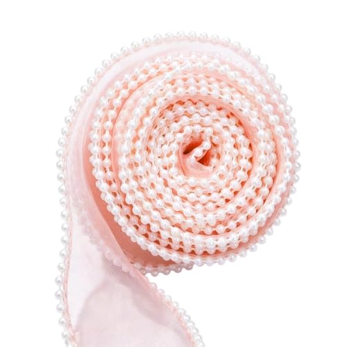 Pink Sheer Ribbon - Pearl Edge Organza Wave | 1.57 Inch x 14.8 Ft Roll | Polyester Fish Tail Mesh Trim, DIY Flower Bouquet Wrapp