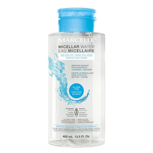 Marcelle Micellar Water, Dry Skin, Makeup Remover, Hyaluronic Acid, Sensitive Skin and Eyes, Oil-Free, Alcohol-Free, Fragrance-Free, Hypoallergenic, Cruelty-Free, 13.5 Fl. Oz.