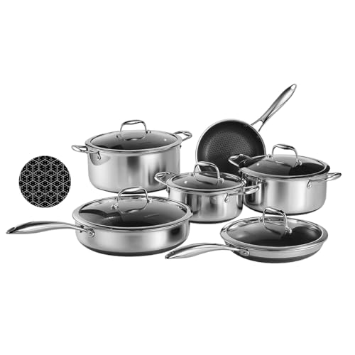 Nutricook Eterna Tri-Ply Hybrid 11pc Ultimate Family Set – 20cm Frypan, 24cm Frypan with Lid, 28cm Deep Pan w/Lid & 20/24/28 cm Casseroles with Lids – Non-Stick, Metal Utensil Safe, Oven & Induction