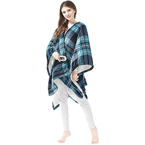 Beautyrest Reversible Sherpa to Fleece Electric Wrap Poncho Blanket Shawl Wearable, Auto Shut Off, Virtually Zero EMF, Multi Heat Setting, UL Certified, Machine Washable, Aqua Plaid 50" x 64" Cover