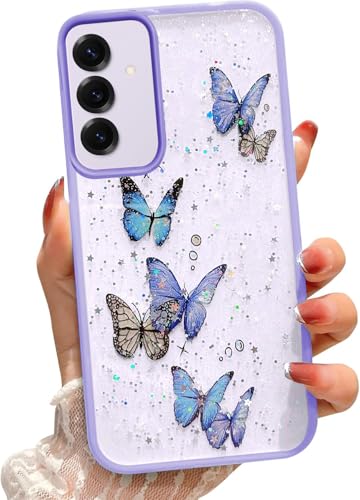 VONZEE for Samsung Galaxy A35 5G Clear Glitter Butterfly Case, Cute Bling Sparkle Shiny Soft Silicone TPU Bumper Shockproof Women Girls Slim Protective Phone Cover for Galaxy A35 5G, Purple