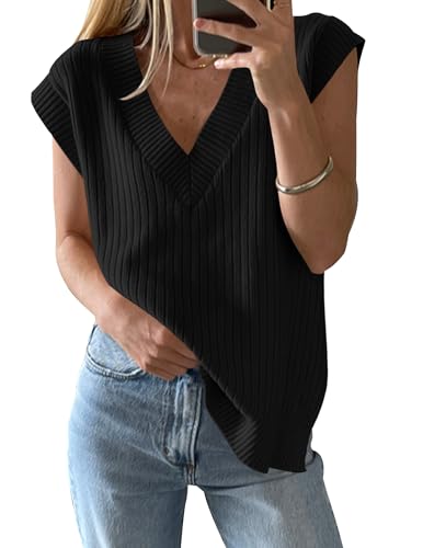 HAEOF Womens V Neck Sweater Vest 2025 Spring Summer Casual Loose Fit Sleeveless Split Hem Ribbed Knit Tank Tops