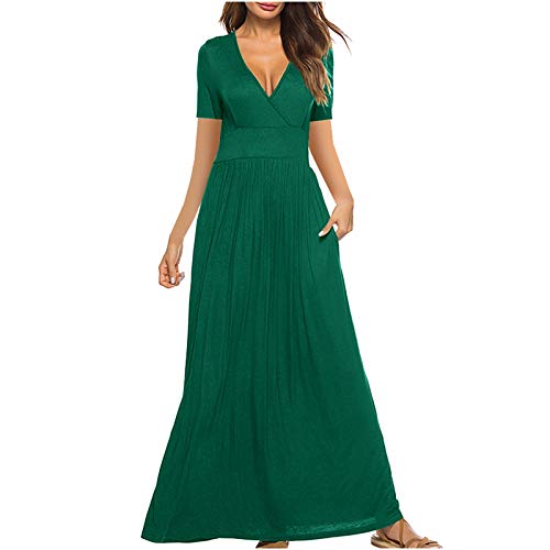 MYDANRAN Maxi Dress for Women Solid Color Deep V Neck Sexy Short Sleeve High Waist Flowing Hem Comfy Long Dress