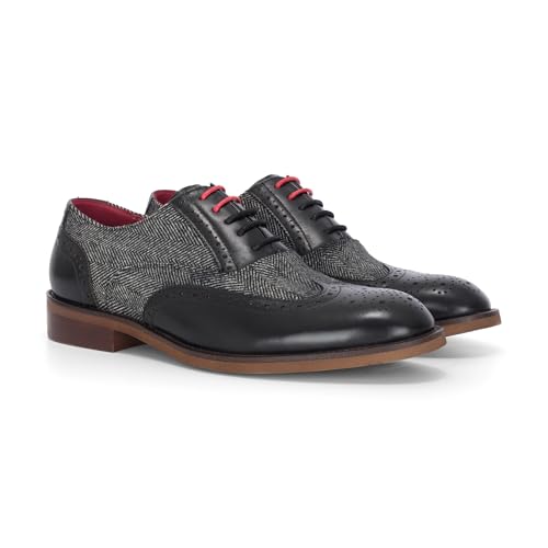 Men's Black Leather Tweed Brogue Shoes - Albert3