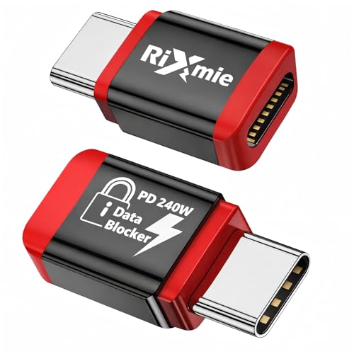 Rixmie USB C to C Data Blocker (2-Pack), PD 240W Charge Only Adapter, Anti-Hacking & Juice Jacking Protection, Fast Charging, Case-Friendly, Compatible with iPhone 15/16/17 Series, MacBook, Laptop