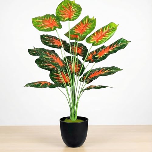 Image of Dekorly Artificial Palm Tree - Large Fake Tropical Floor Plant, Realistic Plastic Greenery for Indoor Home, Office, Living Room & Corner Decor (Green-RedLeaf)