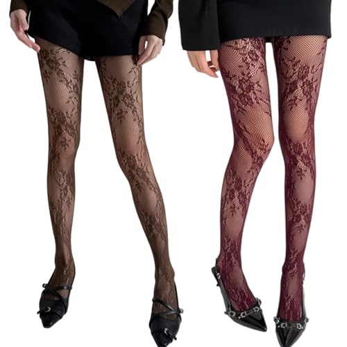 Verdancy 2Pcs Womens Ultra Stretchable Fishnet Tights Floral Pantyhose Lace Stockings Plus Size (One Size 2Pc Coffee & Wine Red Flowers)