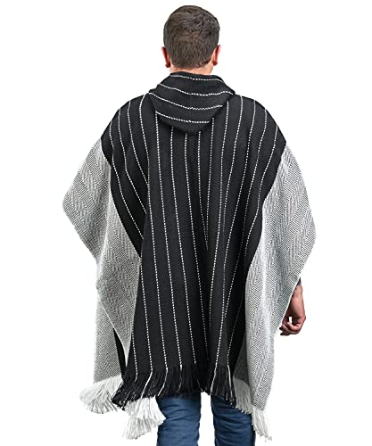Image of Men's Hooded Poncho in Black and White Wool - Peruvian Alpaca Cloak Cape