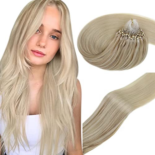 Vivien Microlink Hair Extensions Real Human Hair 18inch Balayage Ash Blonde to Medium Blonde with Platinum Blonde Microlink Hair Highlights Probonded Micro Ring Hair Extensions Human Hair 50g 1g/s