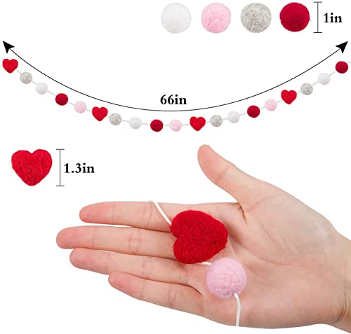 3 Pcs Valentine's Day Felt Ball & Heart Garlands- Grey, White & Red Felt Pom Pom And Felt Heart Hanging Ornaments For Valentine's Day, Anniversary, Wedding, Party Decors, Memorial Gifts #TOP6