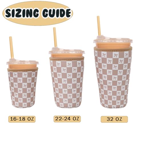 Image of Reusable Insulated Neoprene Iced Coffee Cup Sleeve, Durable Drink Sleeve for Cold Beverages, Beverage Holder for Iced Coffee, Caramel Checkered Bows