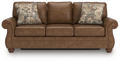Signature Design by Ashley Shadsburne Rustic Faux Leather Sofa Sleeper with Bi-Fold Memory Foam Mattress, Nailhead Trim and 2 Throw Pillows, Queen, Brown